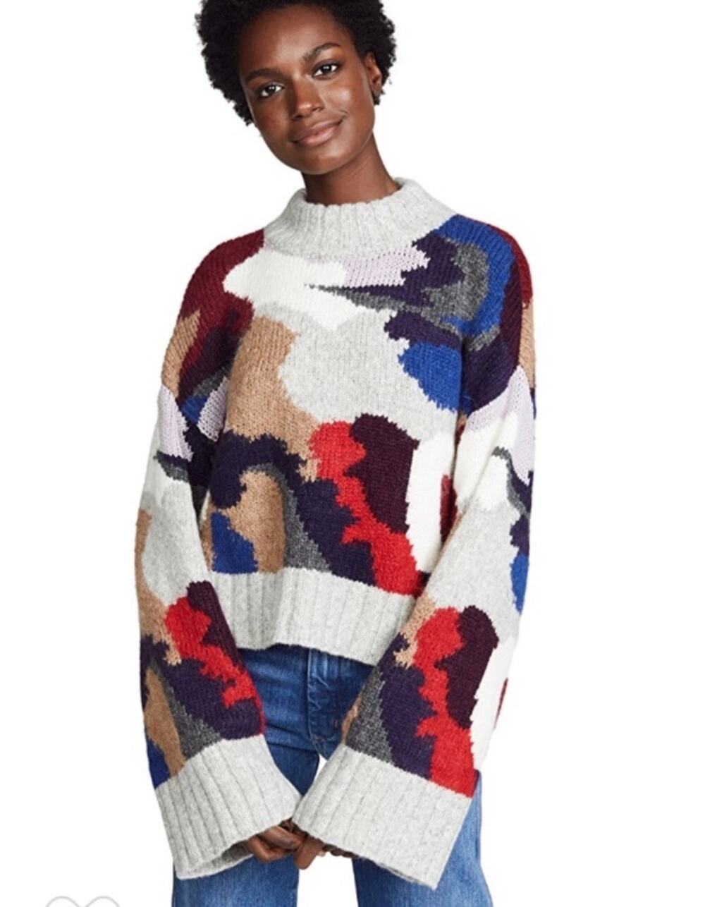 Eleven Six Kira Multi Color Camo Cropping Chunky Knit Alpaca Wool Sweater Large